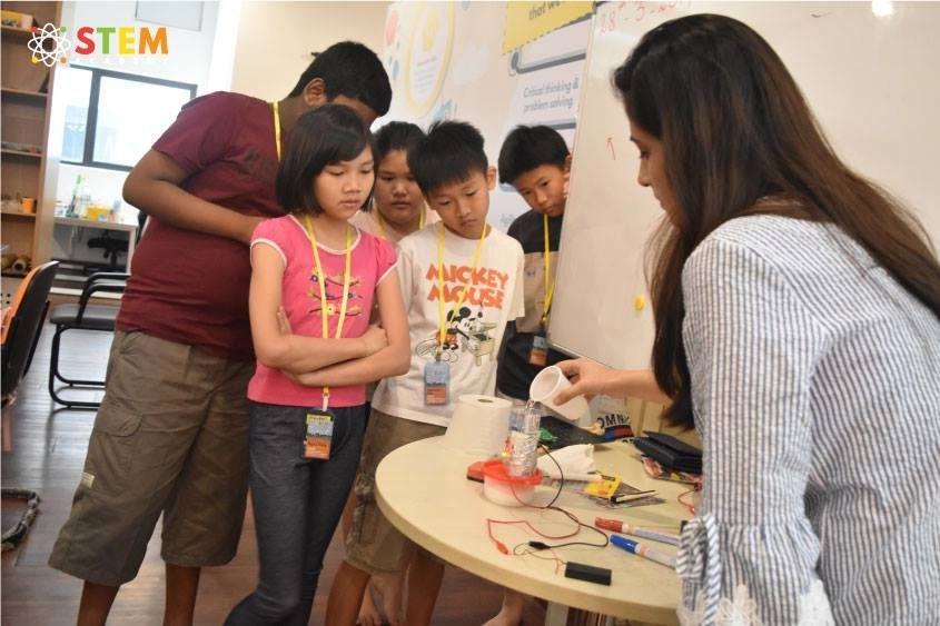 Children working in teams at a STEM Academy holiday camp